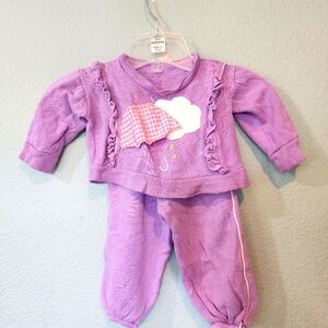 Vintage 12m Purple Sweats Outfit Set Ruffles Umbrella Cloud Applique Pop Cicle